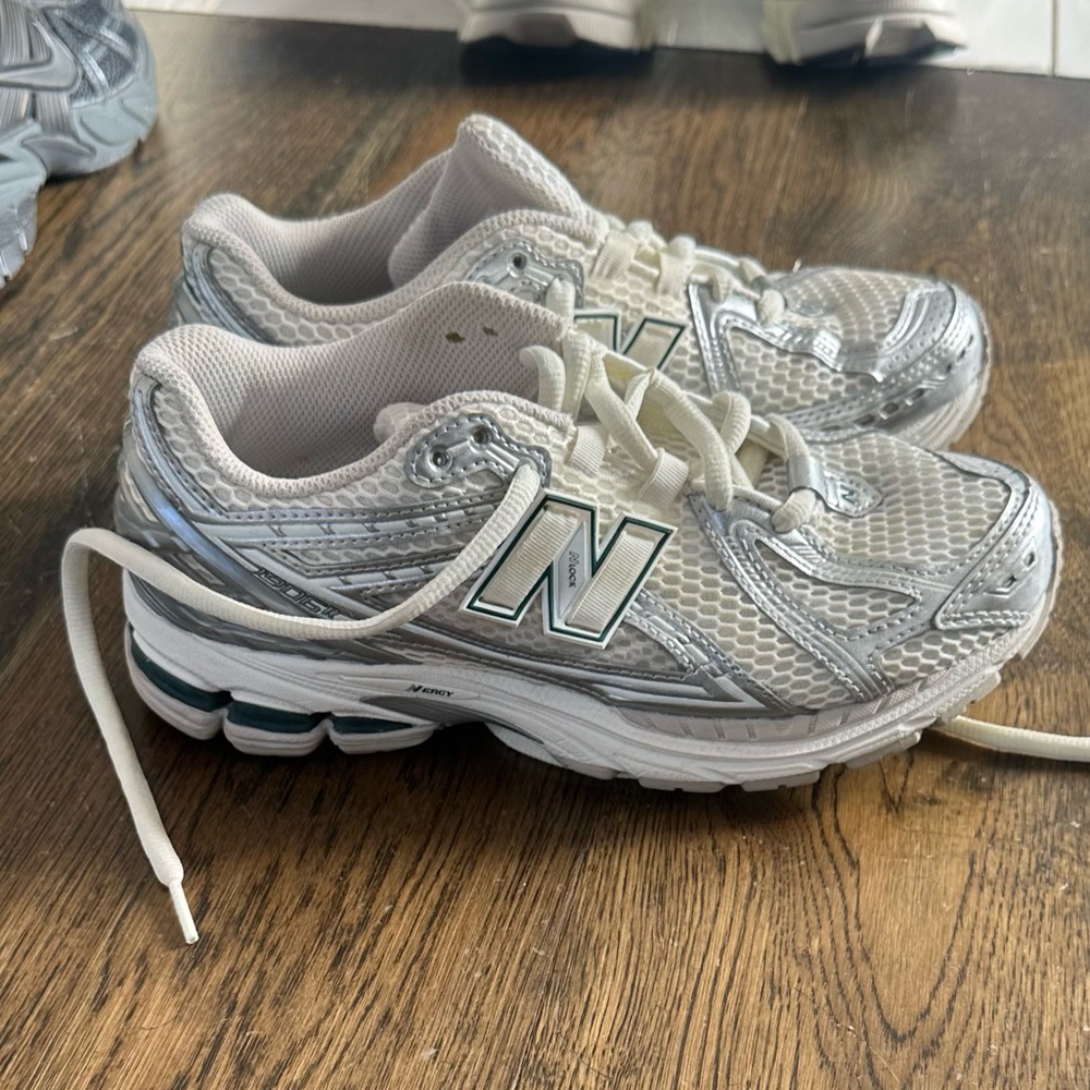 New Balance White Silver Mesh Running Sneakers with Green Accents